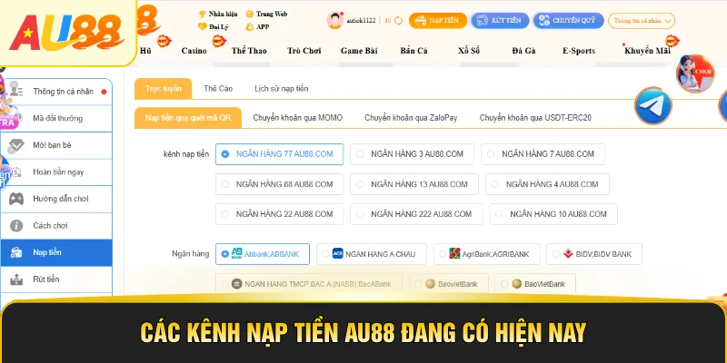 Các kênh nạp tiền AU88 đang có hiện nay